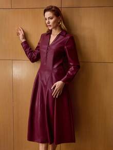 MOTF PREMIUM 女士冬季勃艮第色 PU 皮革连衣裙 - 酒紅色 - 查看 6