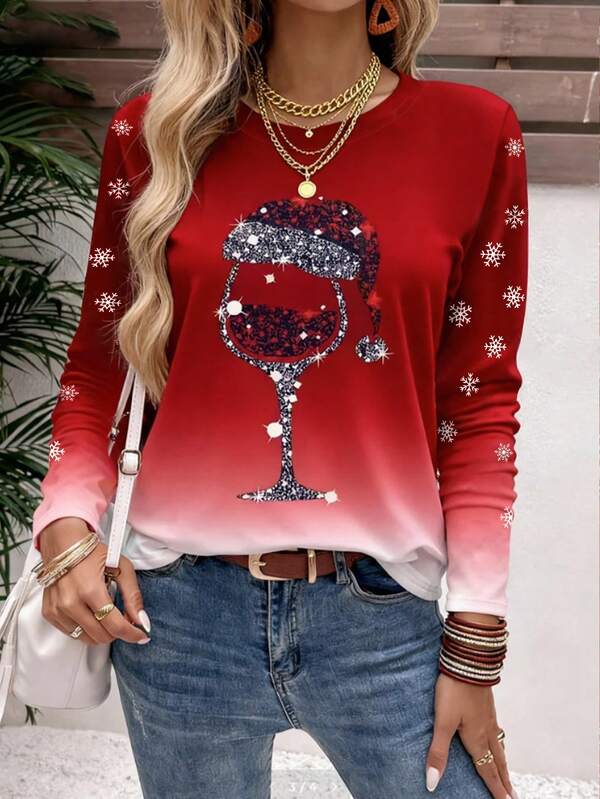 EMERY ROSE Women's Red Glass Christmas Pattern Printed Long-Sleeved T-Shirt, Fun And Casual Christmas T-Shirt, Santa Claus Hat Pattern T-Shirt Top