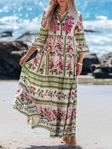 Sylviya Đầm dài tay cổ chữ V dây rút họa tiết hoa nhiều màu sắc dành cho nữ, thích hợp cho mùa xuân/hè, đầm họa tiết da báo, đầm chống nắng cho nữ, đầm đi nghỉ mát mùa thu, đầm phong cách boho chic, đầm đi nghỉ. - Nhiều màu - Xem 4