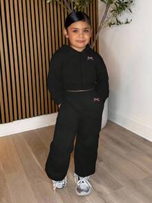 年轻女孩休闲灰色针织连帽运动衫运动衫和抽绳运动裤套装 - 黑色 - 查看 7