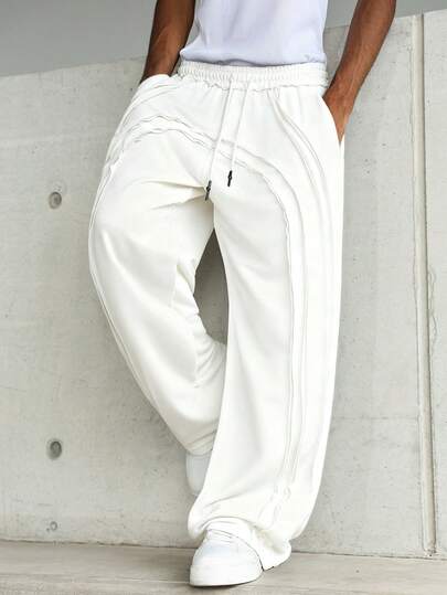 PAVTROS 男士年轻街头风格做旧未收口双层毛边拱形结构宽松阔腿运动裤，松紧腰针织运动裤带有微妙的做旧细节，休闲街头风格，适合日常休闲时尚穿着，适合作为节日礼物黑色运动裤黑色慢跑裤男士黑色裤子宽松运动裤男士黑色宽松运动裤