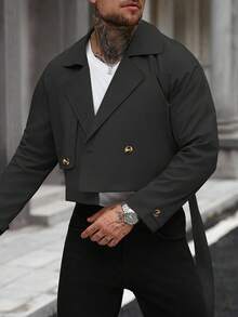 Manfinity Homme Áo khoác dài tay cài nút phía trước có túi đơn giản, thường ngày cho nam, áo khoác ngắn vải nỉ, thích hợp cho bạn bè, chồng, quà tặng bạn trai, mùa thu - màu đen - Xem 6