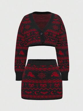 Goth Vintage Dark Gothic Skull & Ghost Jacquard Knit 2 Pieces Set: Short Cardigan + Mini Skirt, Halloween