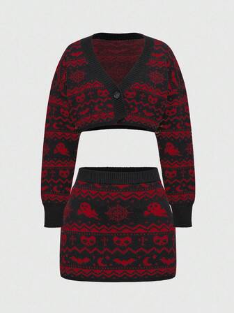 Vintage Dark Gothic Skull & Ghost Jacquard Knit 2 Pieces Set: Short Cardigan + Mini Skirt, Halloween