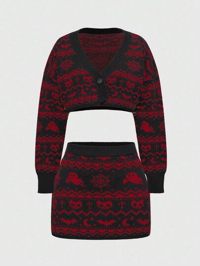 Goth Conjunto de 2 piezas de punto jacquard con calavera y fantasma en estilo gótico oscuro vintage: Cárdigan corto + Minifalda, Halloween