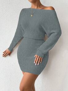 Elenzga Autumn/Winter New Solid Color Cinched Waist Bodycon Knit Dress