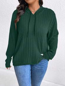 SHEIN CURVE+ Sudadera casual con capucha de manga larga y costillas de unicolor para tallas grandes - Verde Oscuro - Ver 1