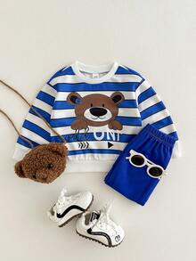SHEIN Playful Pals 2 Stück/Set Kleinkind/Säugling Kinder Cartoon Bär Muster blau & weiß gestreifter Sweatshirt und Hose Set, geeignet für Herbst/Winter, Säuglingssportoutfit Set, Säuglings blauer Sportanzug Set, Säuglings/Baby Jungen Winterbekleidung, Säuglings/Baby Jungen Streetwear Set, 6M-3T Säuglings/Baby Jungen Sportanzug Set, Baby Jungen Streetwear, Säuglings/Baby Jungen Bekleidung, Jungen Sportanzug Set, Säuglings/Baby Jungen Streetwear blauer Outfit Baby Jungen Baby Lässig Outfit Baby Jungen Trainingsanzug - Blau - Übersicht 10