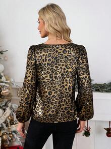 Gownix 女士金箔豹纹 V 领长袖修身衬衫，优雅时尚，适合派对穿着