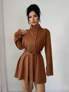 SHEIN Raffinéa Chaqueta de cuello mao de ante sintético vintage, otoño/invierno - Marrón - Ver 7