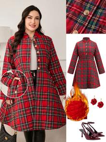 Ellevyn Plus Size Women's Cotton Winter Coat With Elegant Plaid Pattern, Festive Design, And Metal Button Embellishments, Perfect For Autumn And Winter Wear. - Multicolor - View 2