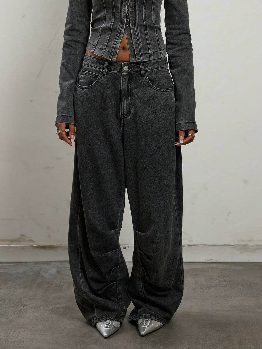 COUREZ Low Rise Baggy Balloon Fit Ruched Jeans In Dark Grey Denim Wash /Y2K Fall Winter Going Out Party New Year Sexy Low Rise Jeans - Medium Wash - View 1