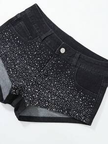 ROMWE Grunge Punk Women's Sexy Super Low Waist Super Skinny Rhinestone Studded Denim Hot Shorts - Black - View 6