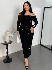 Firerie Plus Size Women's Elegant Black Off-Shoulder Pearl Decor Ruched Fitted Slimming Romantic Party Date Maxi Dress, Valentine's Day/New Year Wedding Dress For Women - Black - View 3