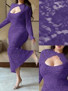 Vibekara Đầm dự tiệc xẻ tà họa tiết hoa thêu ren cổ vá cỡ lớn thời trang thu đông cho nữ, lãng mạn, thanh lịch, ôm sát, thích hợp mặc dự tiệc, mặc hàng ngày, Giáng sinh, Ngày lễ tình nhân, tiệc độc thân, tiệc chiêu đãi - Màu tím - Xem 1