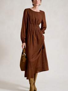 SHEIN Stylify 25+ 成熟女性仿天丝圆领插肩袖腰部褶皱 A 字长裙，纯棕色褶边浪漫波西米亚风中长裙，女士工作服，秋冬 - 棕色 - 查看 6