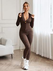 Slayform 女式纯色长袖拉链夹克、豹纹运动胸罩和紧身裤套装 - 棕色 - 查看 5