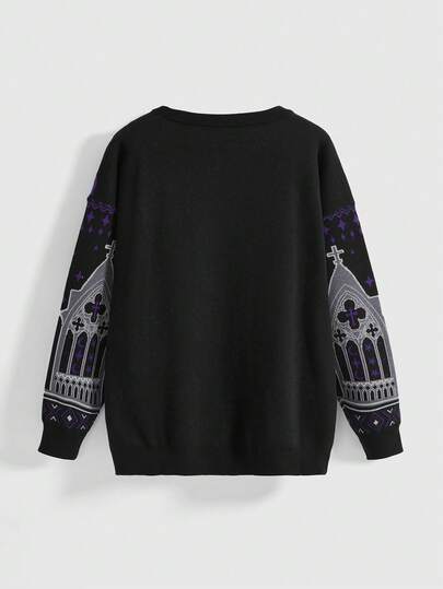 Goth Gothic Skull, Mysterious Black Cat, Cross Jacquard Knit Loose Pullover Sweater