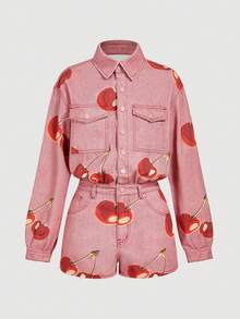 SHEIN MOD 女式樱桃印花长袖落肩休闲前扣牛仔连体裤 - 藍色 - 查看 1