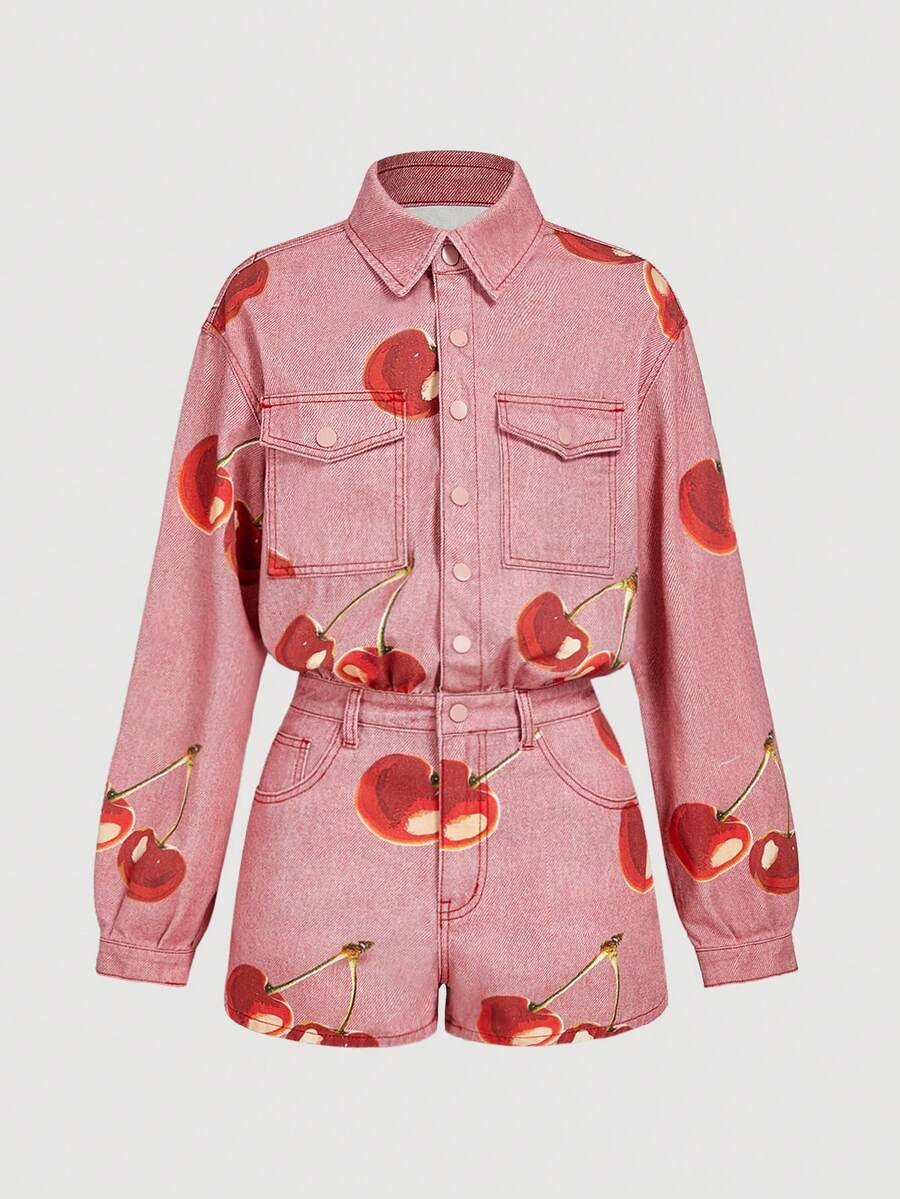 SHEIN MOD 女式樱桃印花长袖落肩休闲前扣牛仔连体裤 - 藍色 - 查看 1