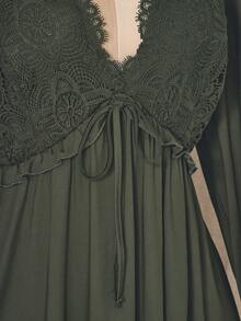 SHEIN ICON 女式大码休闲纯色蕾丝拼接迷你连衣裙秋季布料