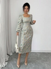 SHEIN PETITE Váy midi cổ tròn tay dài thắt eo bằng vải jacquard kim loại thanh lịch cổ điển có nút kim loại ngọc trai, phong cách cổ điển sang trọng, xuân/thu - Màu xanh lam - Xem 6