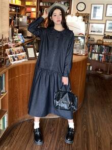 DAZY Women's Peter Pan Collar Long Casual Denim Dress - Dark Wash - View 3
