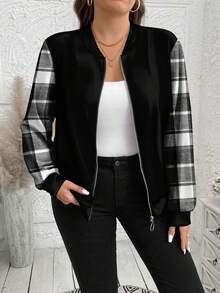 SHEIN Essnce Chaqueta de béisbol con cremallera, estilo universitario casual, de talla grande, con estampado de cuadros de retazos, adecuada para otoño/invierno - Multicolor - Ver 7