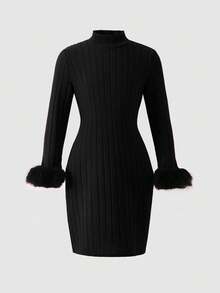 Tween Girls' Solid Color Dress, Autumn/Winter, Fashion Design With Faux Fur Cuffs, Long Sleeve Ribbed Knit Dress, Suitable For Girls, Elegant & Gentle, Suitable For Daily Wear, Events, Vacation, Photography, Holidays, Christmas, Parties - Black - View 1