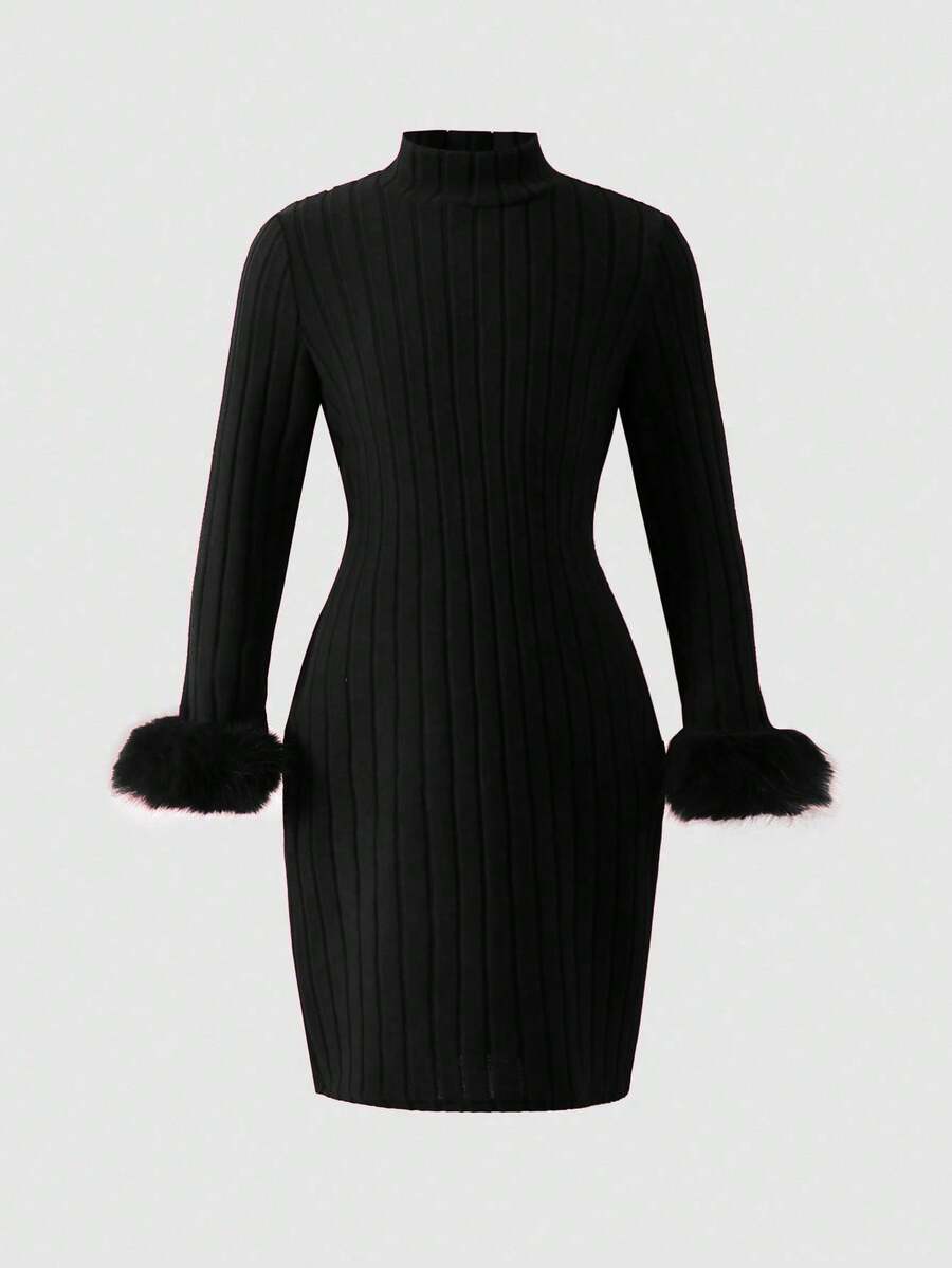 Tween Girls' Solid Color Dress, Autumn/Winter, Fashion Design With Faux Fur Cuffs, Long Sleeve Ribbed Knit Dress, Suitable For Girls, Elegant & Gentle, Suitable For Daily Wear, Events, Vacation, Photography, Holidays, Christmas, Parties - Black - View 1