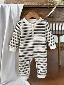Vintaside Kids 1pc Striped Soft Fleece Jumpsuit For Baby Boys, Cute Casual Style, Suitable For Outdoor Play, Vacation And Daily Wear In Autumn/Winter, Red Baby Jumpsuit - Apricot - View 7