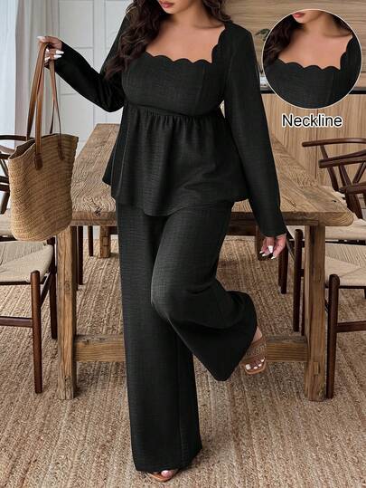 Weeklong 2pcs Set Square Neck Scalloped Hem Faux Linen Pants Suit