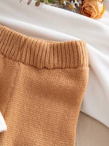 2 piezas Conjunto de suéter de punto de bloques de color y pantalones de punto de cintura elástica para niñas bebés, suéter casual de cuello redondo y cuadrados de colores, cárdigan de punto de moda para exteriores, adecuado para otoño/invierno - Caqui - Ver 8