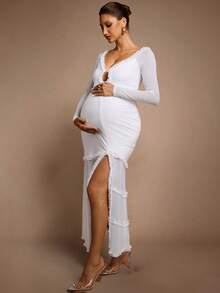 MaterniChic Maternity White Autumn Elegant Pregnant Dress, Solid Color Frill Trim Raglan Sleeve Side Slit Fitted Luxury Baby Shower Pregnancy Photoshoot Dress - White - View 6