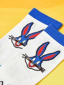LOONEY TUNES X SHEIN Calcetines de tripulación cómodos y suaves para mujer con contraste de color, letras y diseño de conejo - Azul y blanco - Ver 3