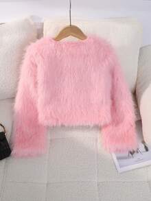 SHEIN Girls Casual Faux Fur Jacket, Cute & Fashionable Style, White Fluffy Comfortable, Suitable For Spring, Summer, Autumn, Outings, Shopping, Parties - Pink - View 2