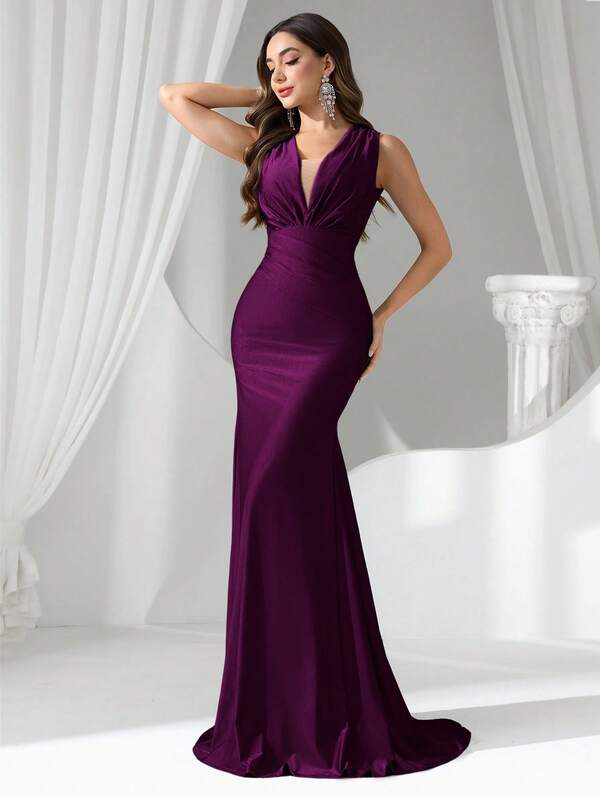 Coutiva Sexy Deep V Elastic High Waist Asymmetric Ruched Fishtail Evening Gown, Suitable For Weddings, Events, Parties, Honeymoons, Bridesmaid Dresses Women's Formal Evening Dress Gown (Heavy Embroidery) Women Rhinestone Embellished Sheer Black Long Evening Gown, Wedding Guest Dress, Elegant Evening Dress, Prom Dress, For Wedding Dress Waist And Chest Slimming, Party Dress, Formal Dress