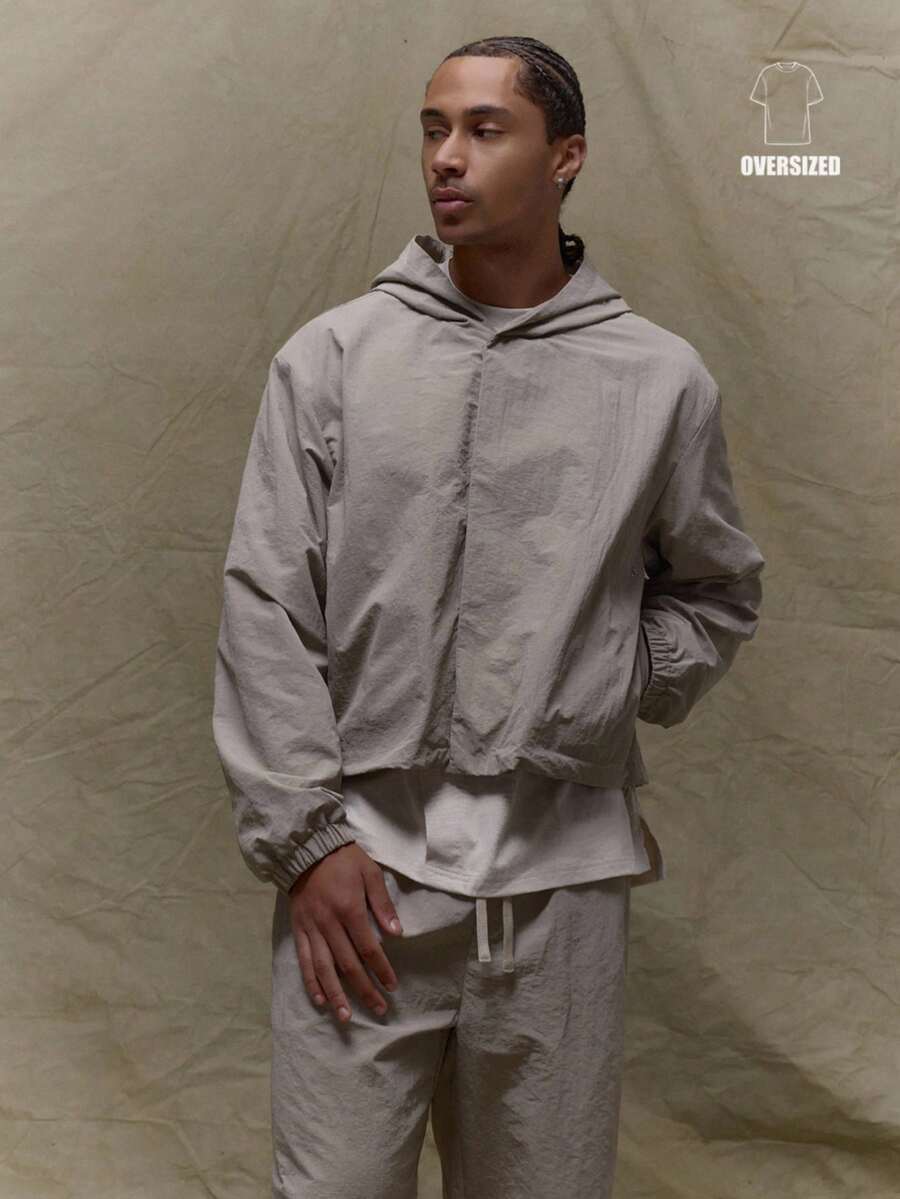 Musero Men Boxy Fit Oversized Long Sleeve Nylon Hooded Jacket Bungee Cord Hidden Placket Fastening Fall SUMMER SPRING - Grey - View 1