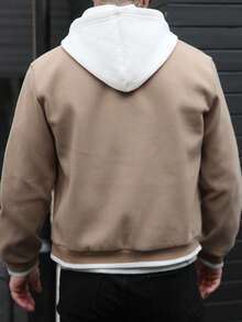 Manfinity Homme 男士长袖秋冬标语刺绣单排扣休闲棒球领夹克，裸色/棕色/浅棕色可选，飞行员夹克/棒球夹克/学院风夹克 - 黑色 - 查看 2