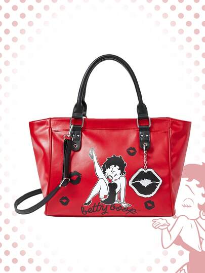 Betty Boop | ROMWE Women Cartoon Figure Graphic Pink Motorcycle Bag Fitness Commuting Tote Bag Soft Leather Travel Bag Chicken Eye Bombshell Bag