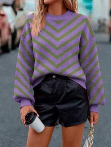 SHEIN LUNE Women's Casual Dropped Shoulder Loose Zigzag Pattern Sweater, Autumn/Winter - Purple - View 5
