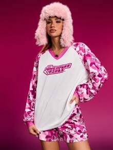 THE POWERPUFF GIRLS X SHEIN Bộ 2 món áo dài tay cổ chữ V họa tiết hoa, bong bóng, hoa mao lương khối màu dành cho nữ - Hồng - Xem 4