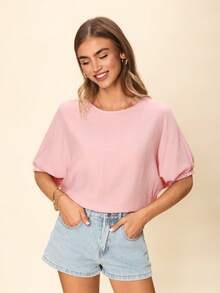 SHEIN LUNE Women's Casual Solid Color Dolman Sleeve Blouse, Everyday Basic Cropped 3/4 Sleeve Shirt For Spring/Summer