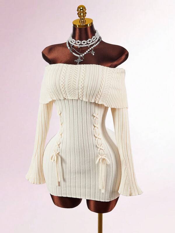 Amplova Vestido de punto mini ajustado de manga larga con tirantes de lazo, elegante y diario, con hombros descubiertos