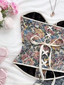 Soleia Áo crop top in hoa jacquard nhiều màu phong cách cung điện cổ điển dành cho nữ, có nút và dây buộc phía sau - Nhiều màu - Xem 7