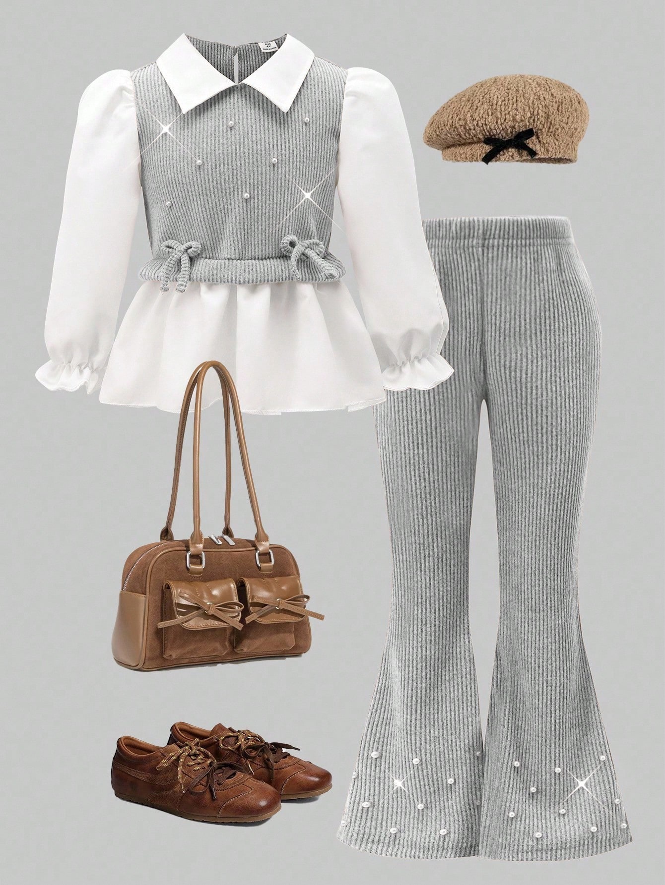 مجموعة قميص كاجوال للبنات، تصميم فيونكة رمادي فاتح...