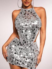 Radiana Conjunto sexy y glamoroso de mujer con lentejuelas plateadas - Top sin espalda + Mini falda de 2 piezas, conjunto brillante y cautivador para fiestas, adecuado para reuniones, cumpleaños, fiestas, clubes, vida nocturna, festivales de música, Navidad, Año Nuevo, vacaciones, Año Nuevo, rave, Navidad, fiesta, noche de gala; Vestido para la noche de graduación de Año Nuevo - Plateado - Ver 5