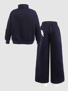 SHEIN 2pcs Young Girl Knitted Solid Color Casual Jacket And Long Pants Set - Royal Blue - View 6