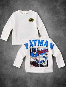BATMAN X SHEIN Young Boy Cartoon & Letter Graphic Crew Neck Loose Knit Long Sleeve T-Shirt
