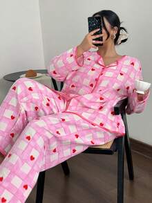 SHEIN Plus Size Plaid Heart Decor Long Sleeve Top & Pants Pajama Set, Winter Clothes - Multicolor - View 1